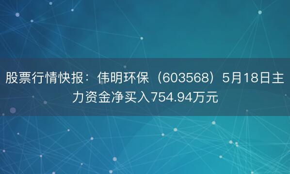 股票行情快报：伟明环保（603568）5月18日主力资金净买入754.94万元